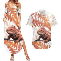 Red New Zealand Tuatara Couples Matching Summer Maxi Dress and Hawaiian Shirt Aotearoa Sphenodon Punctatus Silver Fern