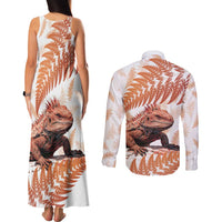 Red New Zealand Tuatara Couples Matching Tank Maxi Dress and Long Sleeve Button Shirt Aotearoa Sphenodon Punctatus Silver Fern
