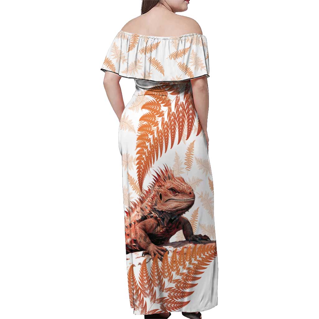 Red New Zealand Tuatara Family Matching Off Shoulder Maxi Dress and Hawaiian Shirt Aotearoa Sphenodon Punctatus Silver Fern