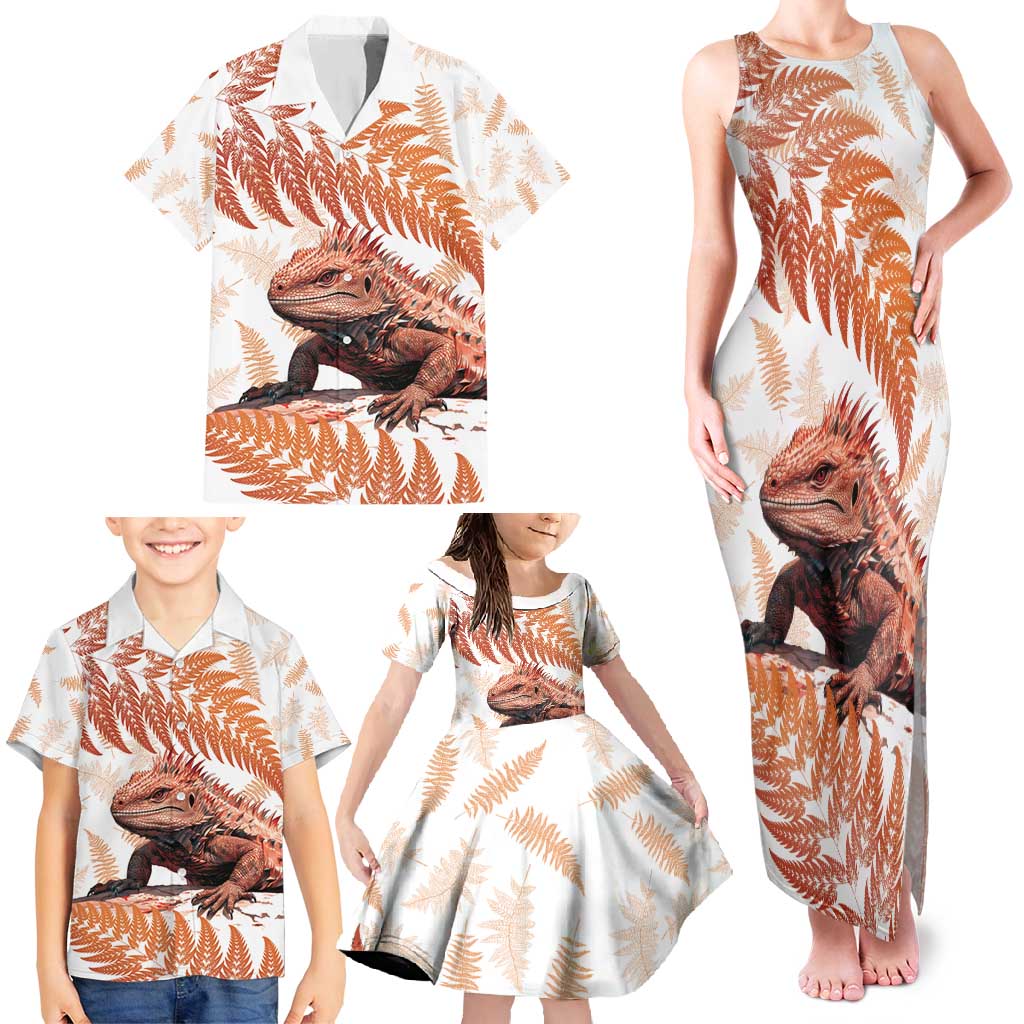 Red New Zealand Tuatara Family Matching Tank Maxi Dress and Hawaiian Shirt Aotearoa Sphenodon Punctatus Silver Fern
