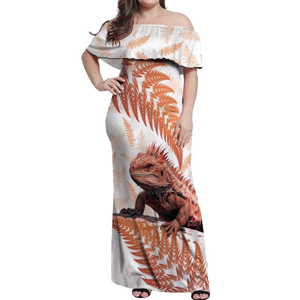 Red New Zealand Tuatara Off Shoulder Maxi Dress Aotearoa Sphenodon Punctatus Silver Fern