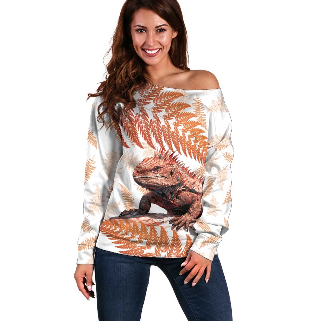Red New Zealand Tuatara Off Shoulder Sweater Aotearoa Sphenodon Punctatus Silver Fern LT14 Women Red - Polynesian Pride
