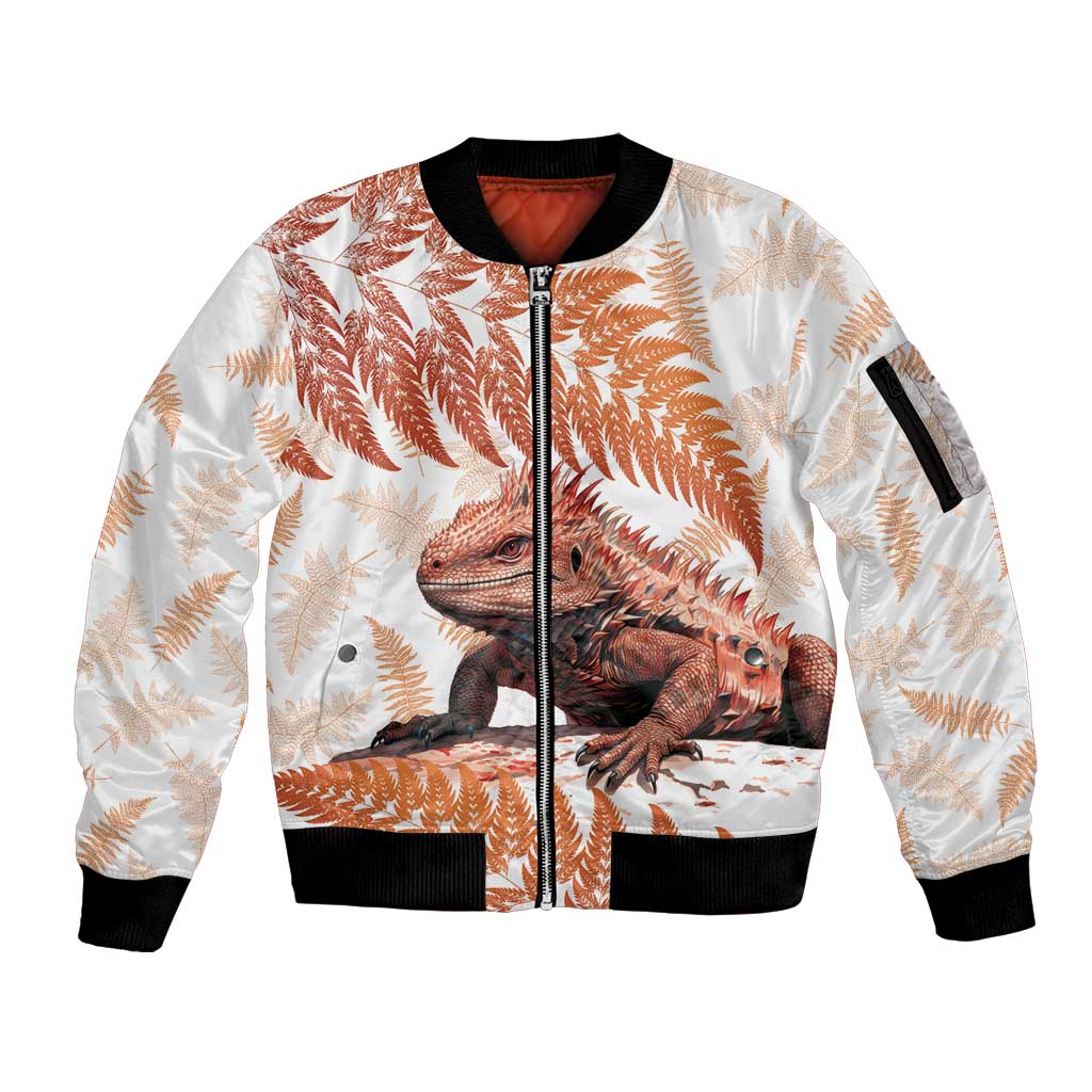 Red New Zealand Tuatara Sleeve Zip Bomber Jacket Aotearoa Sphenodon Punctatus Silver Fern LT14 Unisex Red - Polynesian Pride