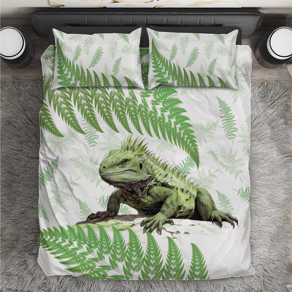 Green New Zealand Tuatara Bedding Set Aotearoa Sphenodon Punctatus Silver Fern LT14 Green - Polynesian Pride