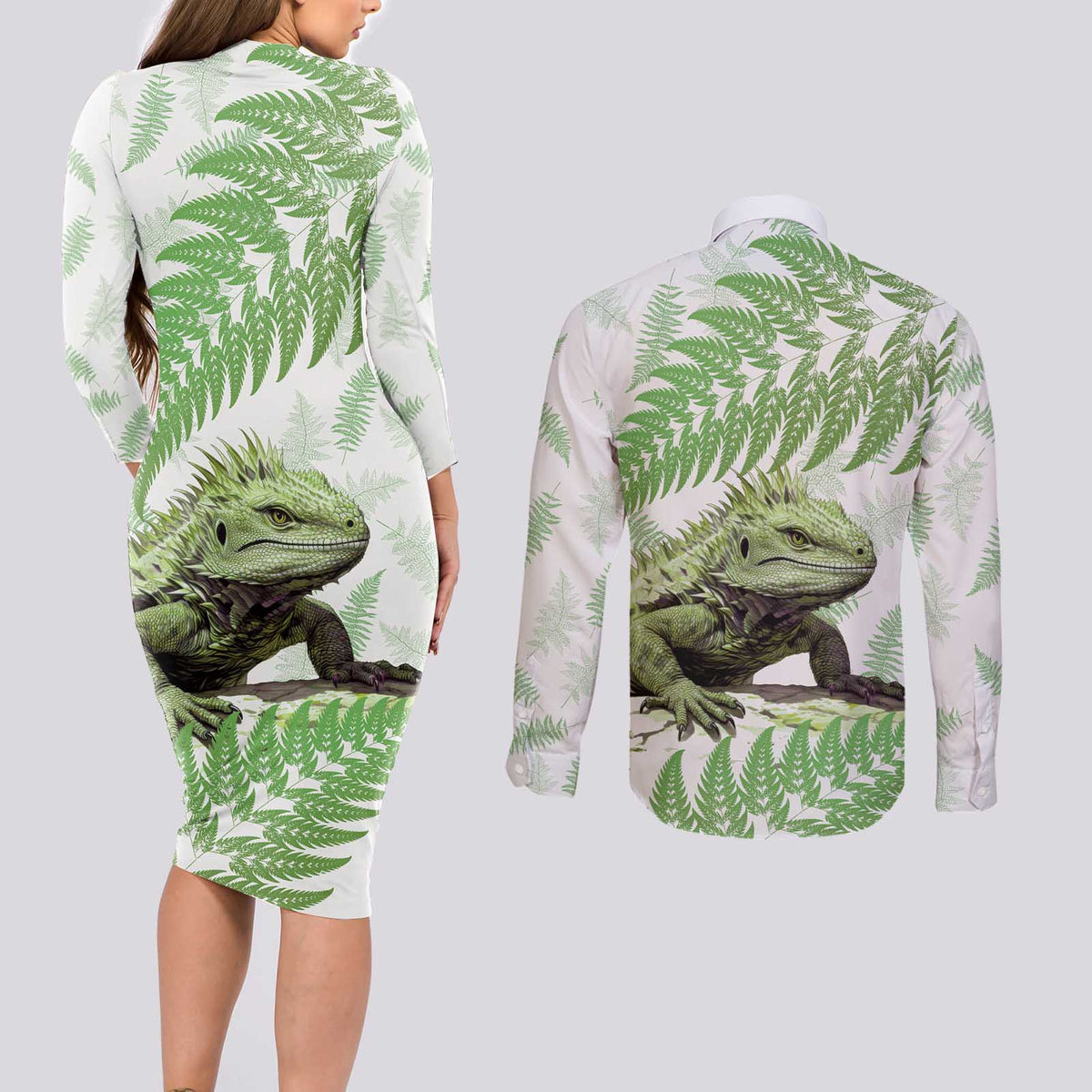 Green New Zealand Tuatara Couples Matching Long Sleeve Bodycon Dress and Long Sleeve Button Shirt Aotearoa Sphenodon Punctatus Silver Fern