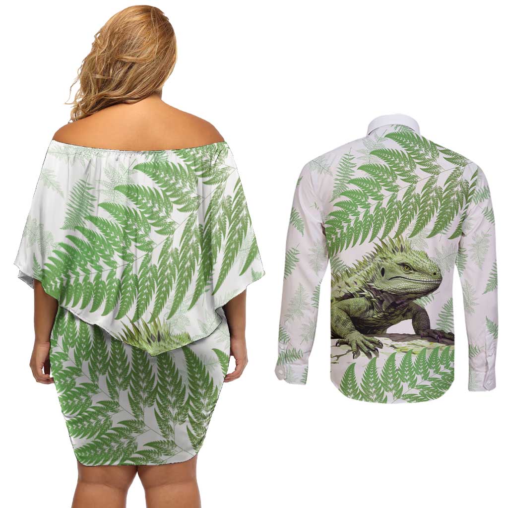Green New Zealand Tuatara Couples Matching Off Shoulder Short Dress and Long Sleeve Button Shirt Aotearoa Sphenodon Punctatus Silver Fern