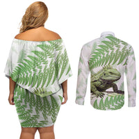 Green New Zealand Tuatara Couples Matching Off Shoulder Short Dress and Long Sleeve Button Shirt Aotearoa Sphenodon Punctatus Silver Fern