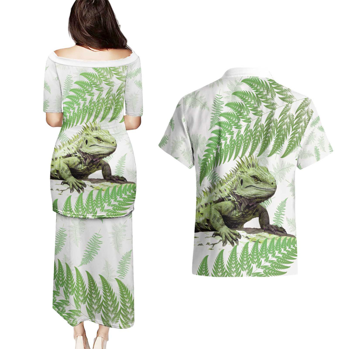 Green New Zealand Tuatara Couples Matching Puletasi and Hawaiian Shirt Aotearoa Sphenodon Punctatus Silver Fern