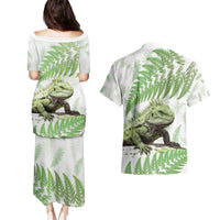 Green New Zealand Tuatara Couples Matching Puletasi and Hawaiian Shirt Aotearoa Sphenodon Punctatus Silver Fern