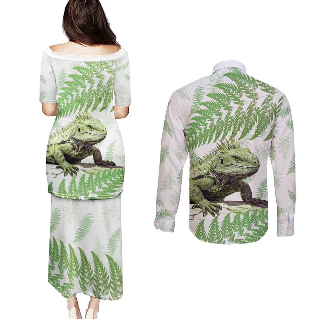 Green New Zealand Tuatara Couples Matching Puletasi and Long Sleeve Button Shirt Aotearoa Sphenodon Punctatus Silver Fern