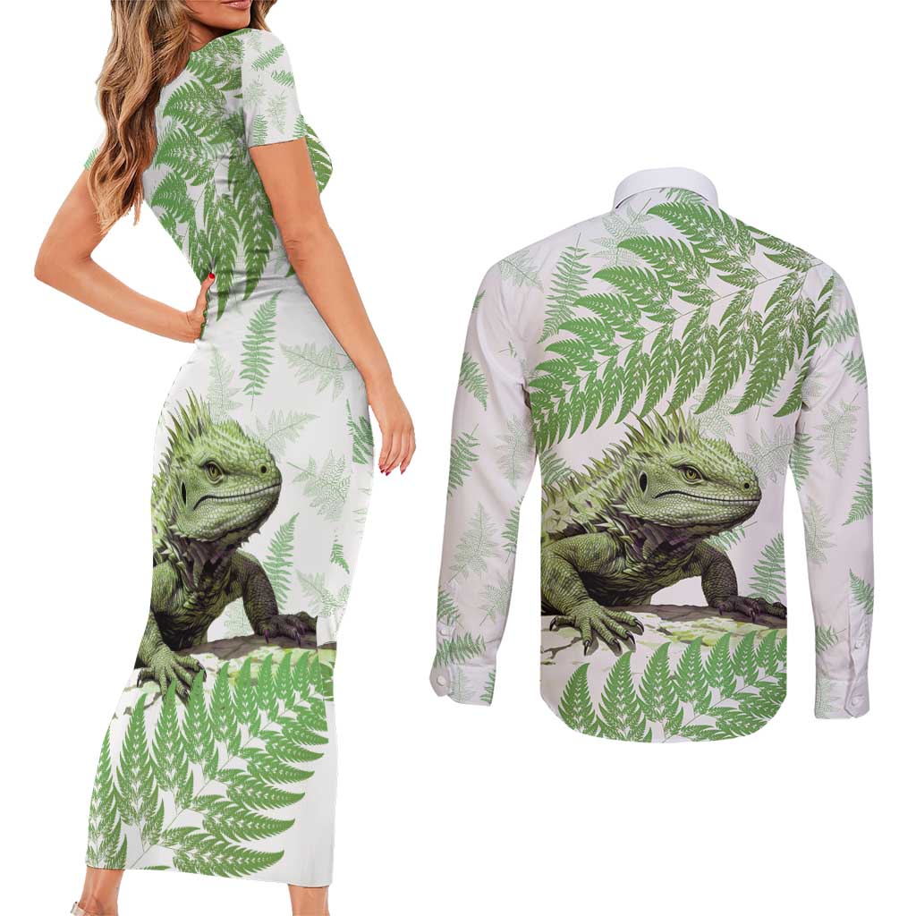 Green New Zealand Tuatara Couples Matching Short Sleeve Bodycon Dress and Long Sleeve Button Shirt Aotearoa Sphenodon Punctatus Silver Fern