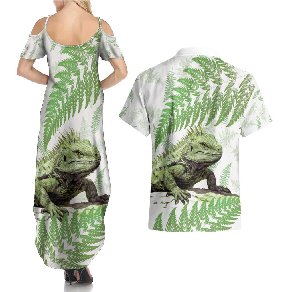 Green New Zealand Tuatara Couples Matching Summer Maxi Dress and Hawaiian Shirt Aotearoa Sphenodon Punctatus Silver Fern