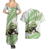 Green New Zealand Tuatara Couples Matching Summer Maxi Dress and Hawaiian Shirt Aotearoa Sphenodon Punctatus Silver Fern