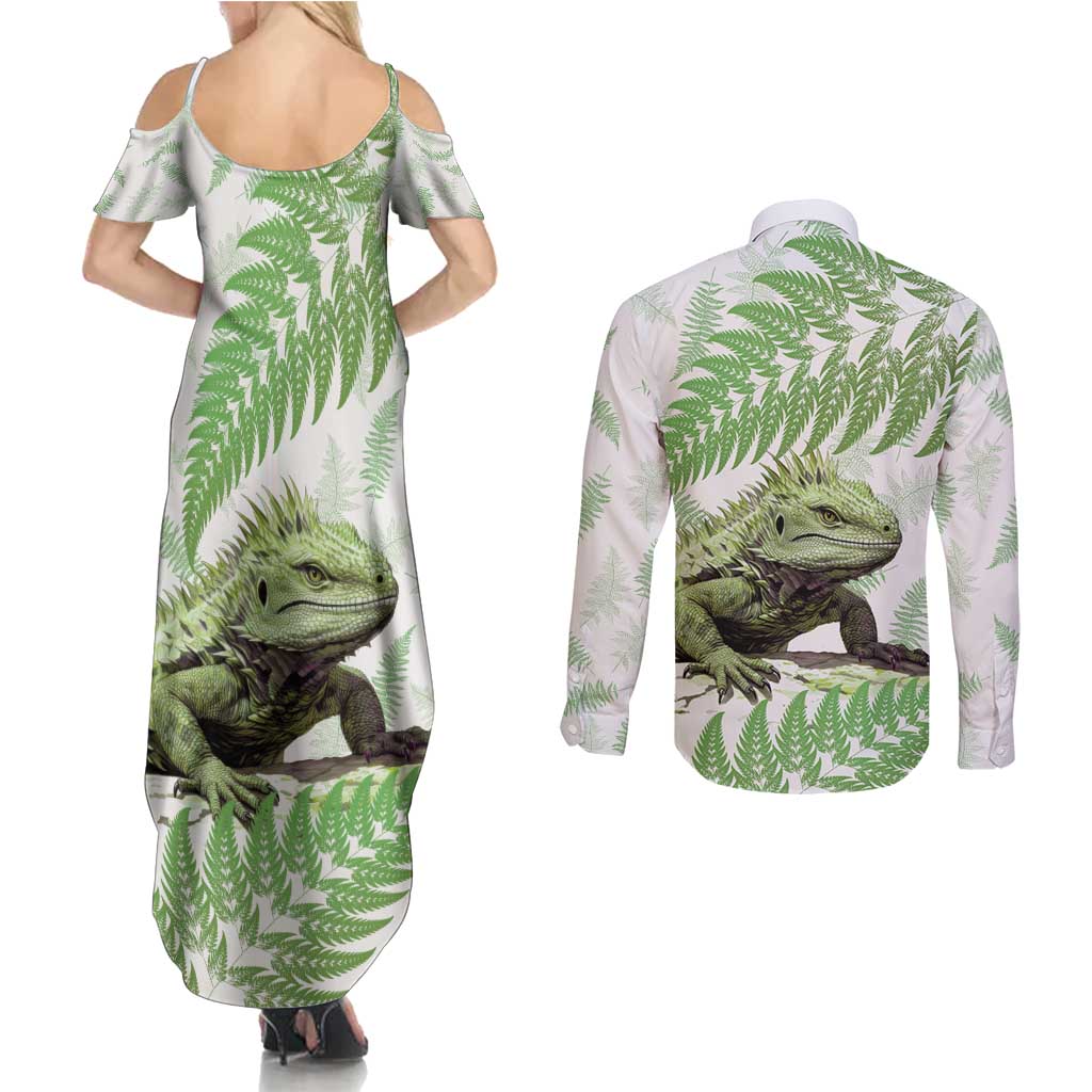 Green New Zealand Tuatara Couples Matching Summer Maxi Dress and Long Sleeve Button Shirt Aotearoa Sphenodon Punctatus Silver Fern
