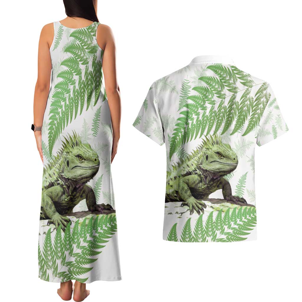 Green New Zealand Tuatara Couples Matching Tank Maxi Dress and Hawaiian Shirt Aotearoa Sphenodon Punctatus Silver Fern