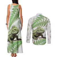 Green New Zealand Tuatara Couples Matching Tank Maxi Dress and Long Sleeve Button Shirt Aotearoa Sphenodon Punctatus Silver Fern