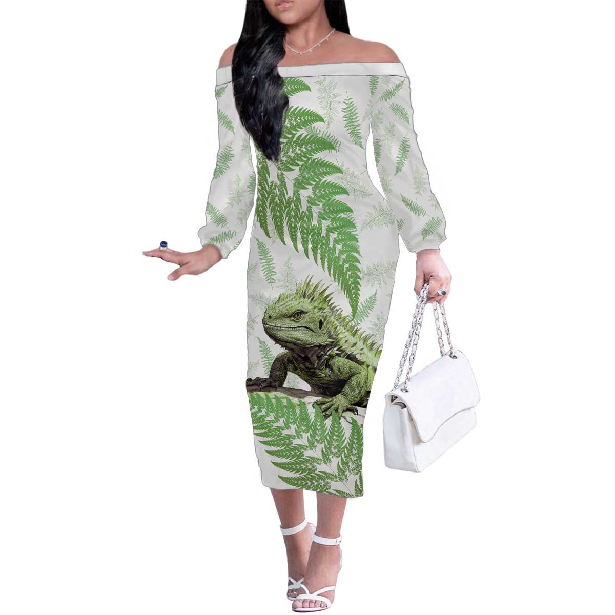 Green New Zealand Tuatara Family Matching Off The Shoulder Long Sleeve Dress and Hawaiian Shirt Aotearoa Sphenodon Punctatus Silver Fern