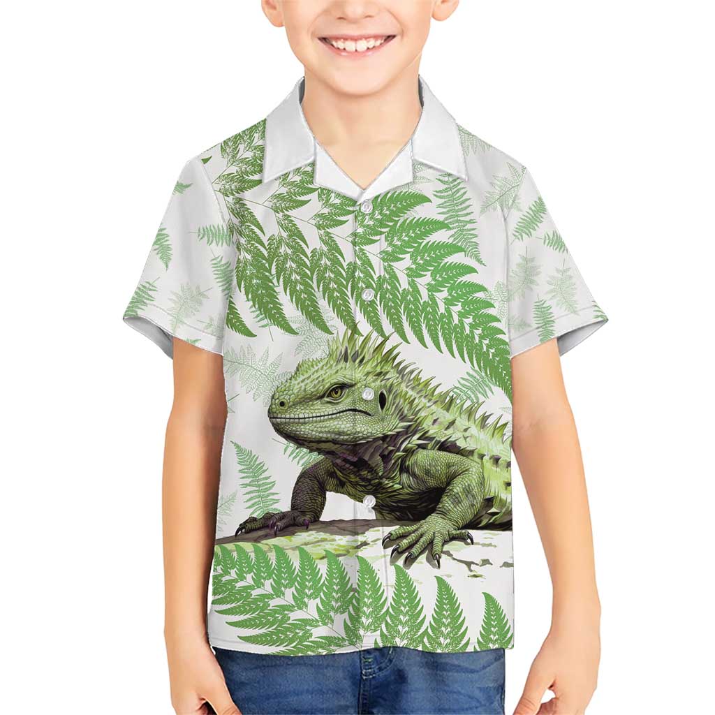 Green New Zealand Tuatara Family Matching Short Sleeve Bodycon Dress and Hawaiian Shirt Aotearoa Sphenodon Punctatus Silver Fern