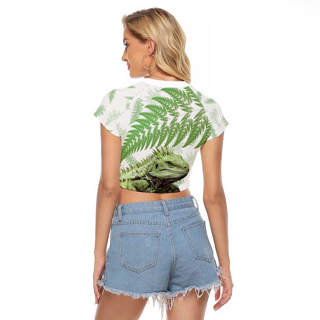Green New Zealand Tuatara Raglan Cropped T Shirt Aotearoa Sphenodon Punctatus Silver Fern