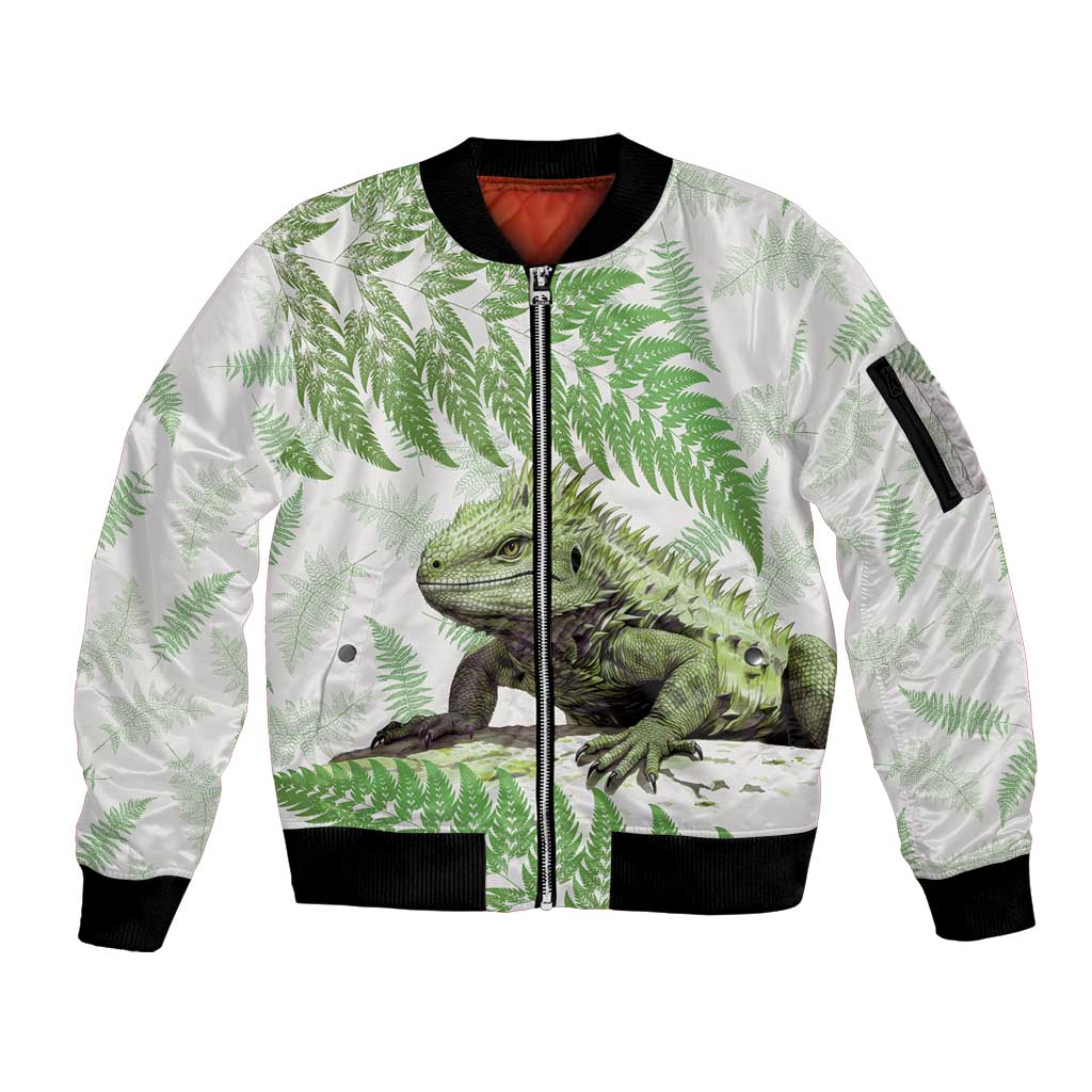 Green New Zealand Tuatara Sleeve Zip Bomber Jacket Aotearoa Sphenodon Punctatus Silver Fern LT14 Unisex Green - Polynesian Pride