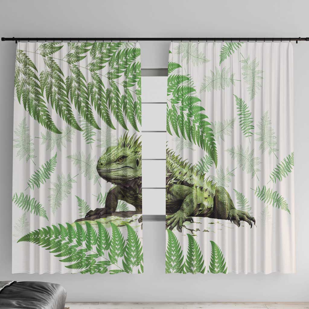 Green New Zealand Tuatara Window Curtain Aotearoa Sphenodon Punctatus Silver Fern LT14 With Hooks Green - Polynesian Pride