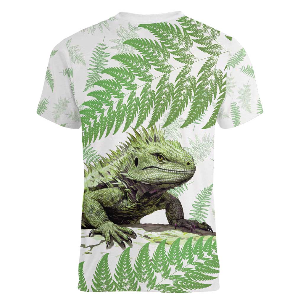 Green New Zealand Tuatara Women V-Neck T-Shirt Aotearoa Sphenodon Punctatus Silver Fern