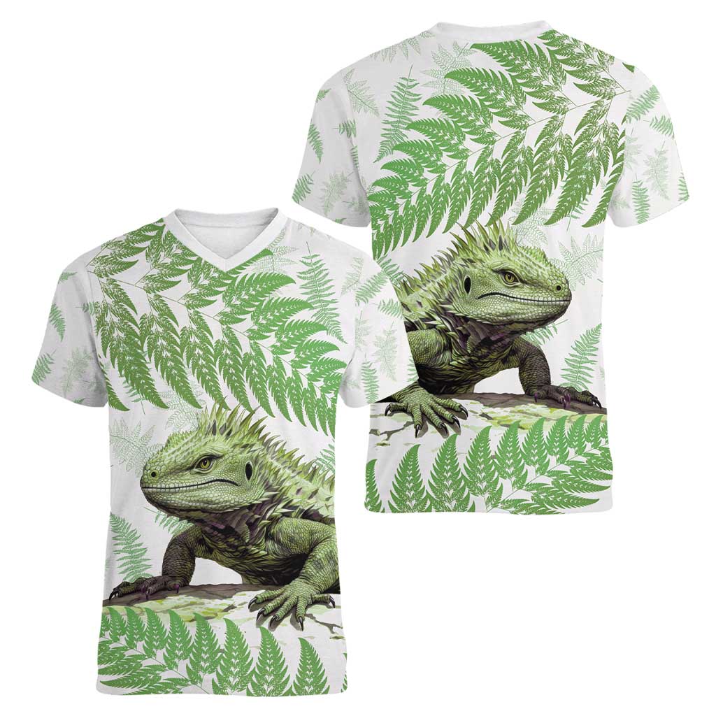 Green New Zealand Tuatara Women V-Neck T-Shirt Aotearoa Sphenodon Punctatus Silver Fern