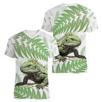 Green New Zealand Tuatara Women V-Neck T-Shirt Aotearoa Sphenodon Punctatus Silver Fern