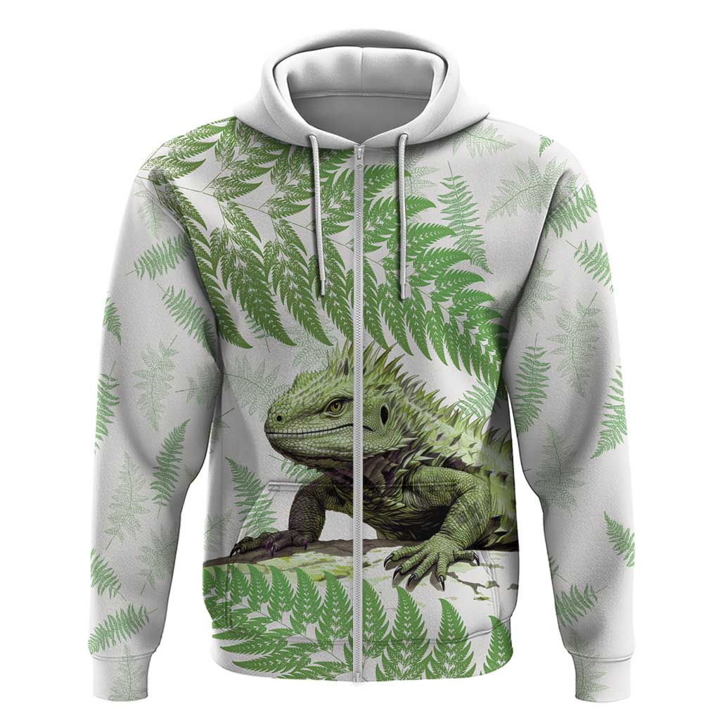 Green New Zealand Tuatara Zip Hoodie Aotearoa Sphenodon Punctatus Silver Fern LT14 Zip Hoodie Green - Polynesian Pride