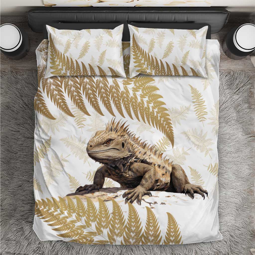 Gold New Zealand Tuatara Bedding Set Aotearoa Sphenodon Punctatus Silver Fern LT14 Gold - Polynesian Pride
