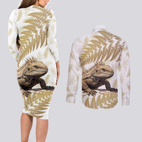 Gold New Zealand Tuatara Couples Matching Long Sleeve Bodycon Dress and Long Sleeve Button Shirt Aotearoa Sphenodon Punctatus Silver Fern