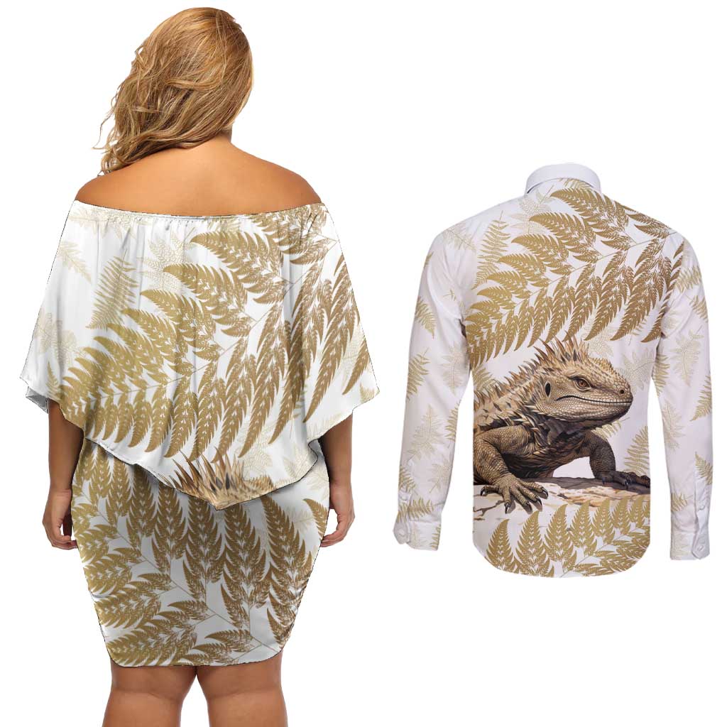 Gold New Zealand Tuatara Couples Matching Off Shoulder Short Dress and Long Sleeve Button Shirt Aotearoa Sphenodon Punctatus Silver Fern