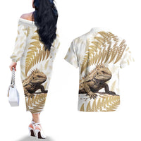 Gold New Zealand Tuatara Couples Matching Off The Shoulder Long Sleeve Dress and Hawaiian Shirt Aotearoa Sphenodon Punctatus Silver Fern