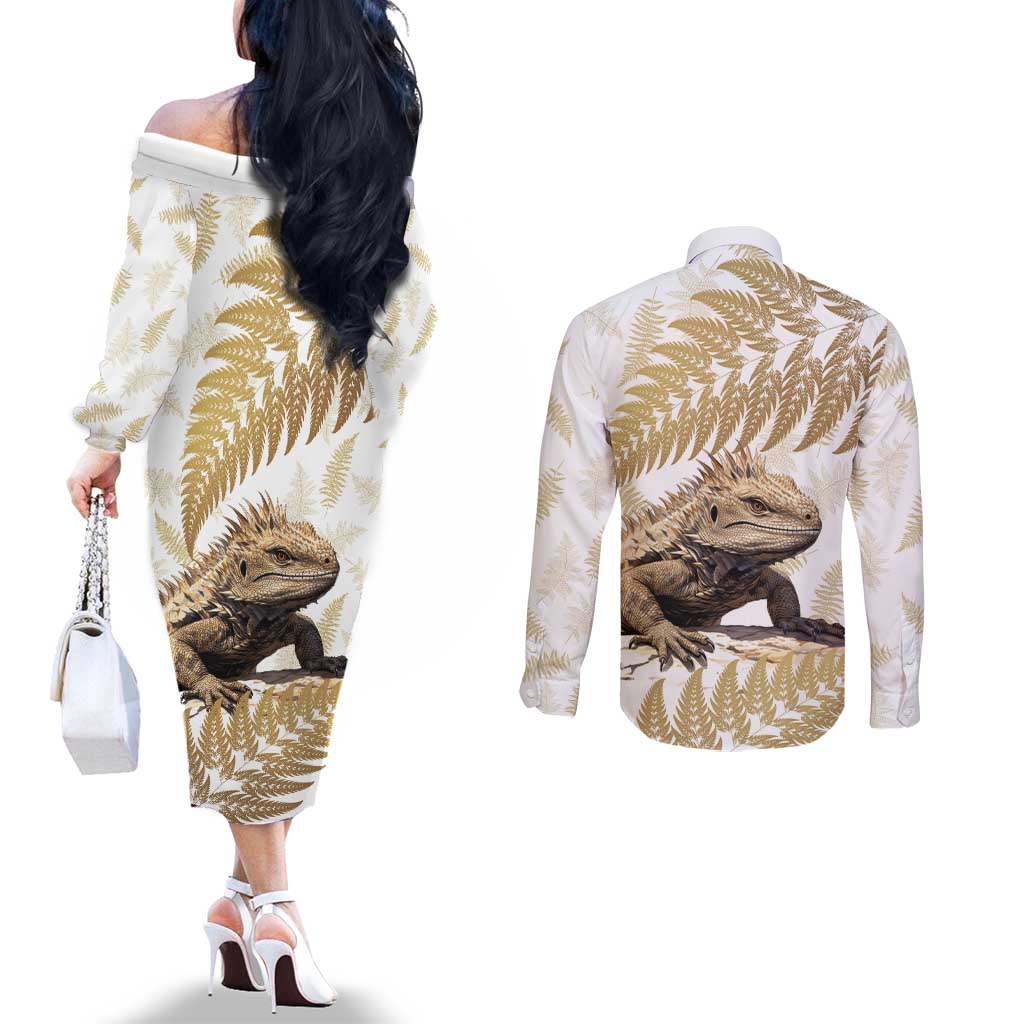 Gold New Zealand Tuatara Couples Matching Off The Shoulder Long Sleeve Dress and Long Sleeve Button Shirt Aotearoa Sphenodon Punctatus Silver Fern