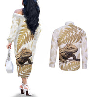 Gold New Zealand Tuatara Couples Matching Off The Shoulder Long Sleeve Dress and Long Sleeve Button Shirt Aotearoa Sphenodon Punctatus Silver Fern
