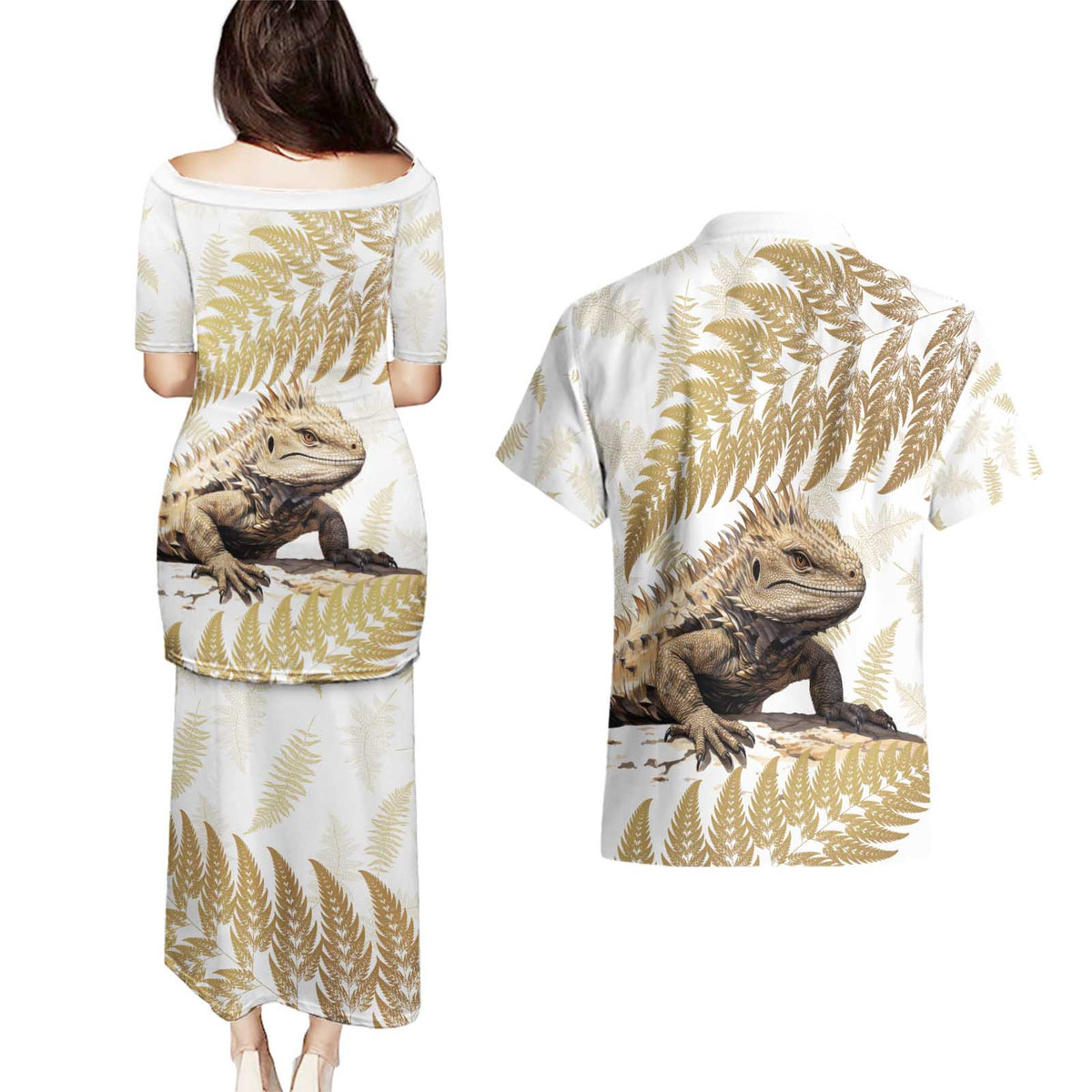 Gold New Zealand Tuatara Couples Matching Puletasi and Hawaiian Shirt Aotearoa Sphenodon Punctatus Silver Fern