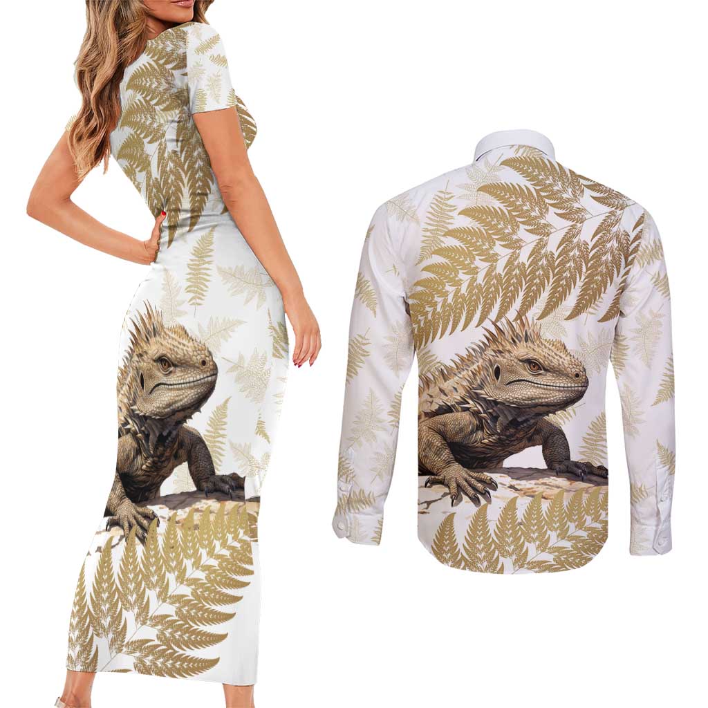 Gold New Zealand Tuatara Couples Matching Short Sleeve Bodycon Dress and Long Sleeve Button Shirt Aotearoa Sphenodon Punctatus Silver Fern