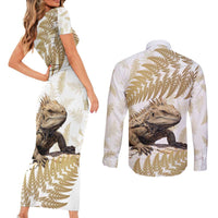 Gold New Zealand Tuatara Couples Matching Short Sleeve Bodycon Dress and Long Sleeve Button Shirt Aotearoa Sphenodon Punctatus Silver Fern