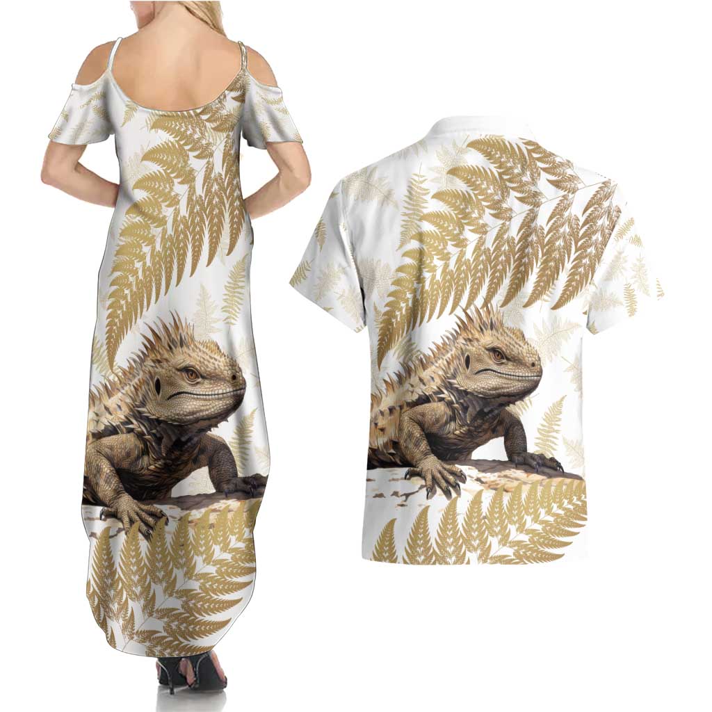 Gold New Zealand Tuatara Couples Matching Summer Maxi Dress and Hawaiian Shirt Aotearoa Sphenodon Punctatus Silver Fern