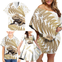 Gold New Zealand Tuatara Family Matching Off Shoulder Short Dress and Hawaiian Shirt Aotearoa Sphenodon Punctatus Silver Fern
