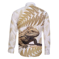 Gold New Zealand Tuatara Family Matching Off Shoulder Short Dress and Hawaiian Shirt Aotearoa Sphenodon Punctatus Silver Fern
