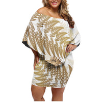 Gold New Zealand Tuatara Family Matching Off Shoulder Short Dress and Hawaiian Shirt Aotearoa Sphenodon Punctatus Silver Fern