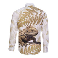 Gold New Zealand Tuatara Long Sleeve Button Shirt Aotearoa Sphenodon Punctatus Silver Fern