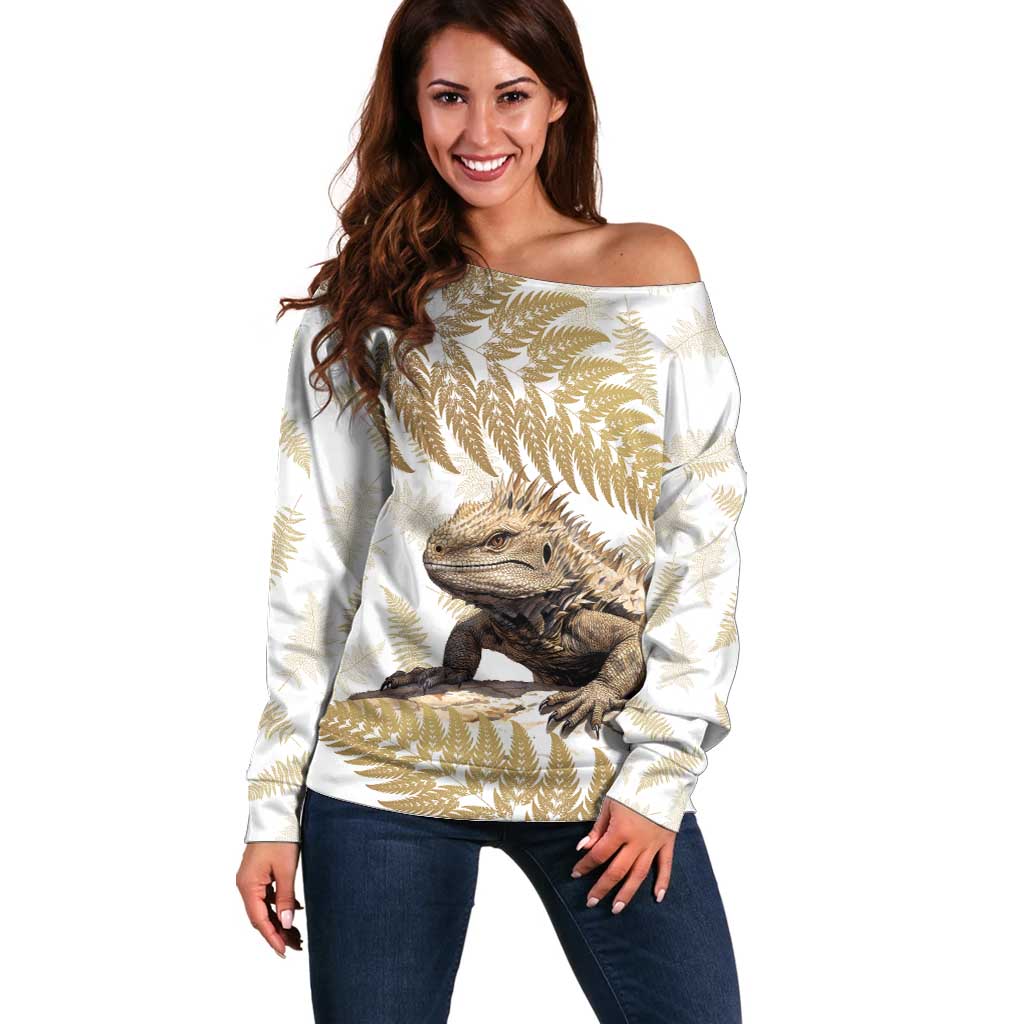 Gold New Zealand Tuatara Off Shoulder Sweater Aotearoa Sphenodon Punctatus Silver Fern LT14 Women Gold - Polynesian Pride