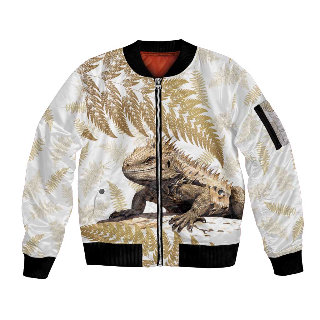 Gold New Zealand Tuatara Sleeve Zip Bomber Jacket Aotearoa Sphenodon Punctatus Silver Fern LT14 Unisex Gold - Polynesian Pride