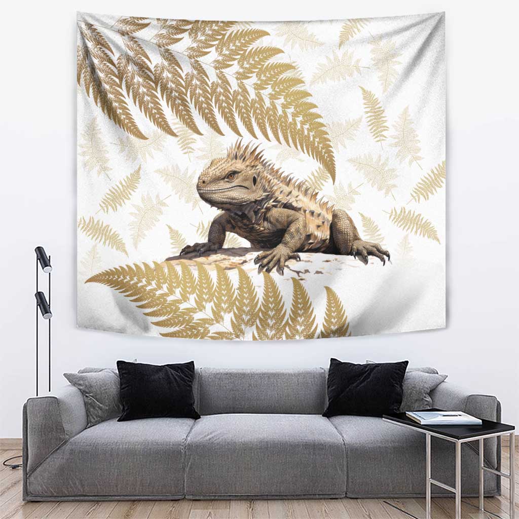 Gold New Zealand Tuatara Tapestry Aotearoa Sphenodon Punctatus Silver Fern LT14 Gold - Polynesian Pride