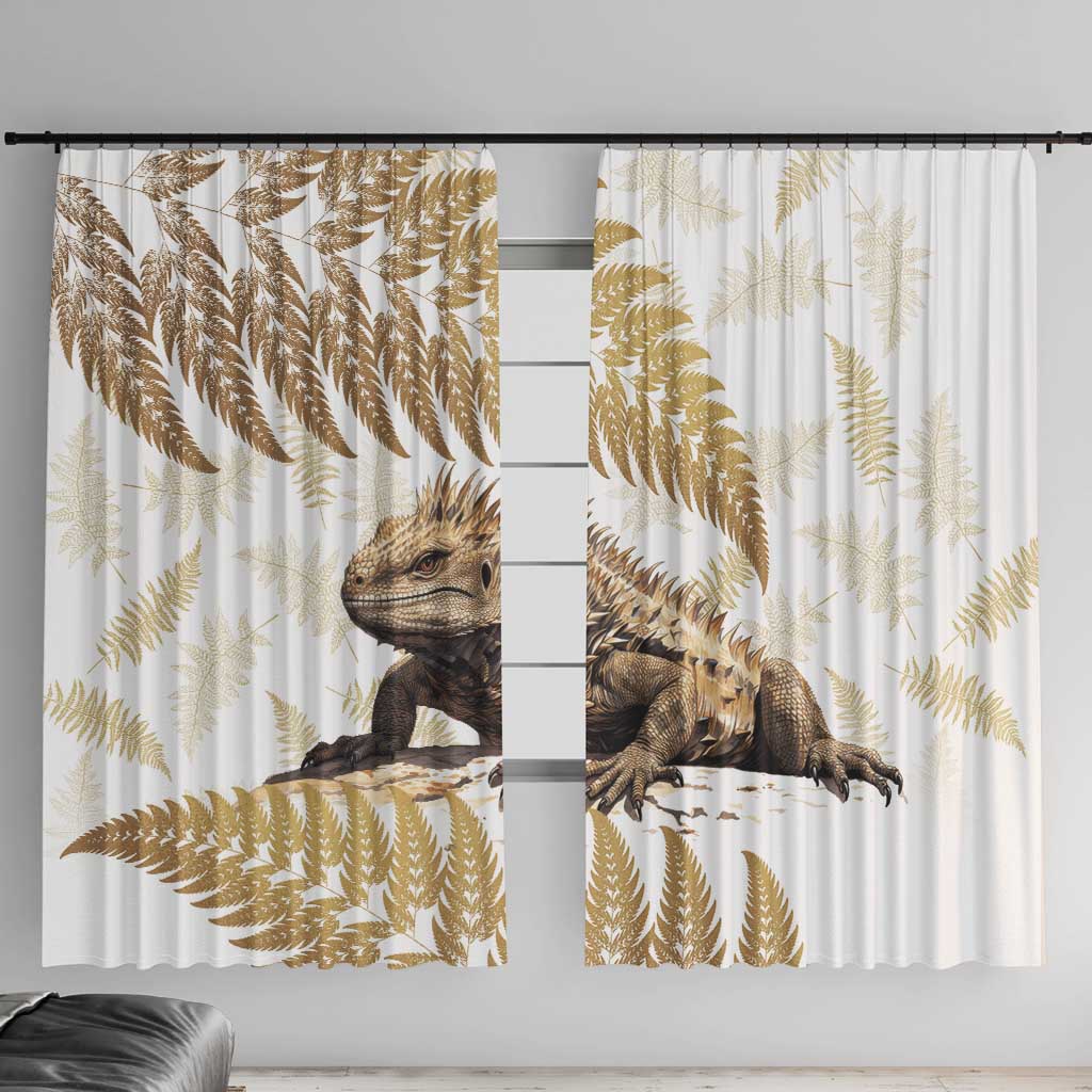 Gold New Zealand Tuatara Window Curtain Aotearoa Sphenodon Punctatus Silver Fern LT14 With Hooks Gold - Polynesian Pride