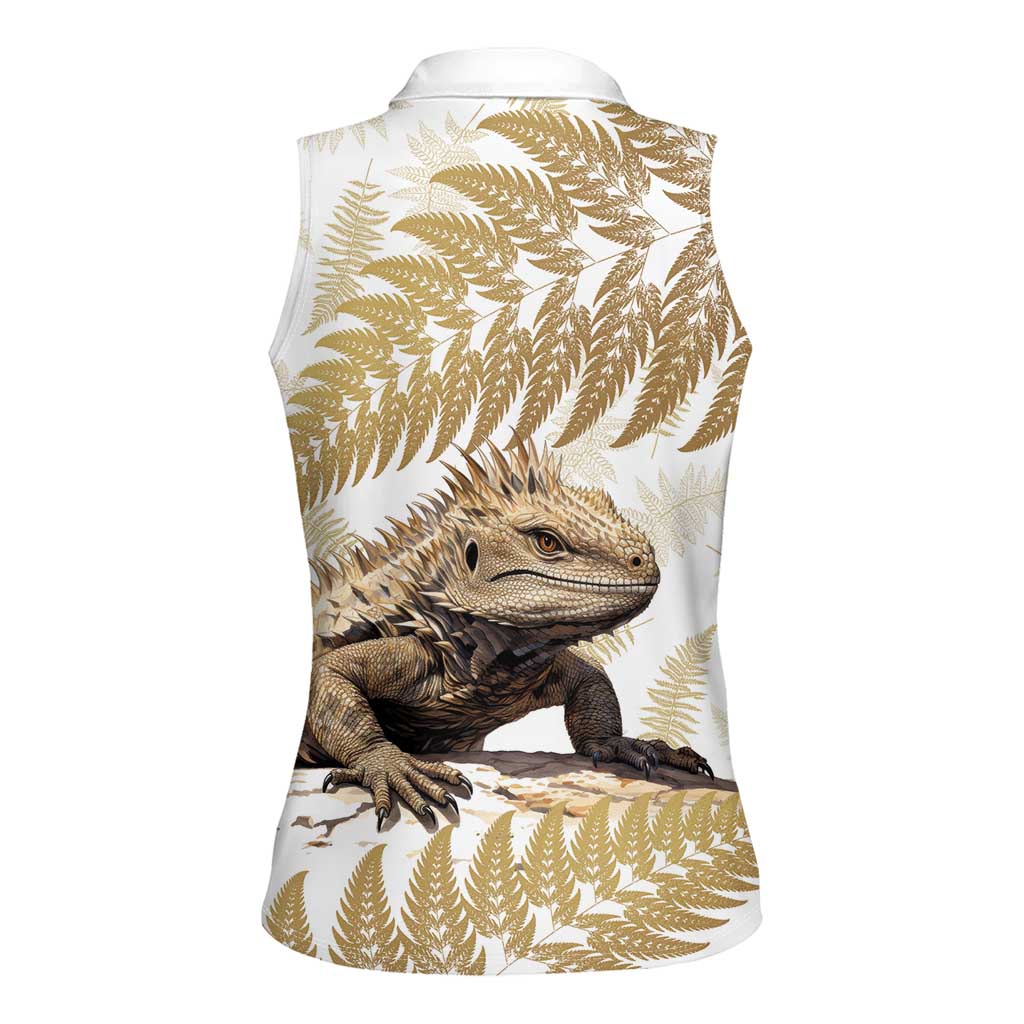 Gold New Zealand Tuatara Women Sleeveless Polo Shirt Aotearoa Sphenodon Punctatus Silver Fern