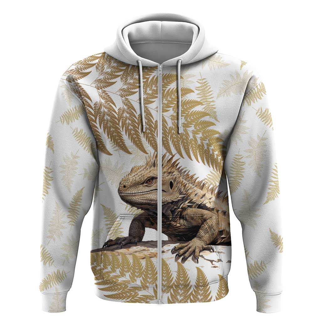 Gold New Zealand Tuatara Zip Hoodie Aotearoa Sphenodon Punctatus Silver Fern LT14 Zip Hoodie Gold - Polynesian Pride