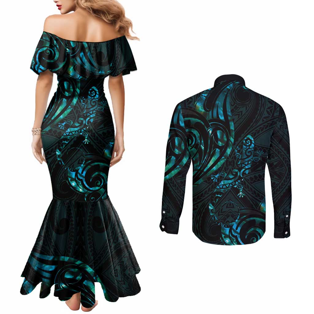New Zealand Skink Couples Matching Mermaid Dress and Long Sleeve Button Shirt Aotearoa Maori Mix Paua Shell